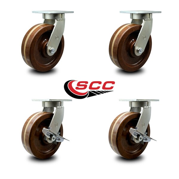Service Caster 8 Inch Heavy Duty High Temp Phenolic Swivel Caster Set with 2 Brakes, 4PK SCC-KP92S830-PHRHT-2-SLB-2 - main
